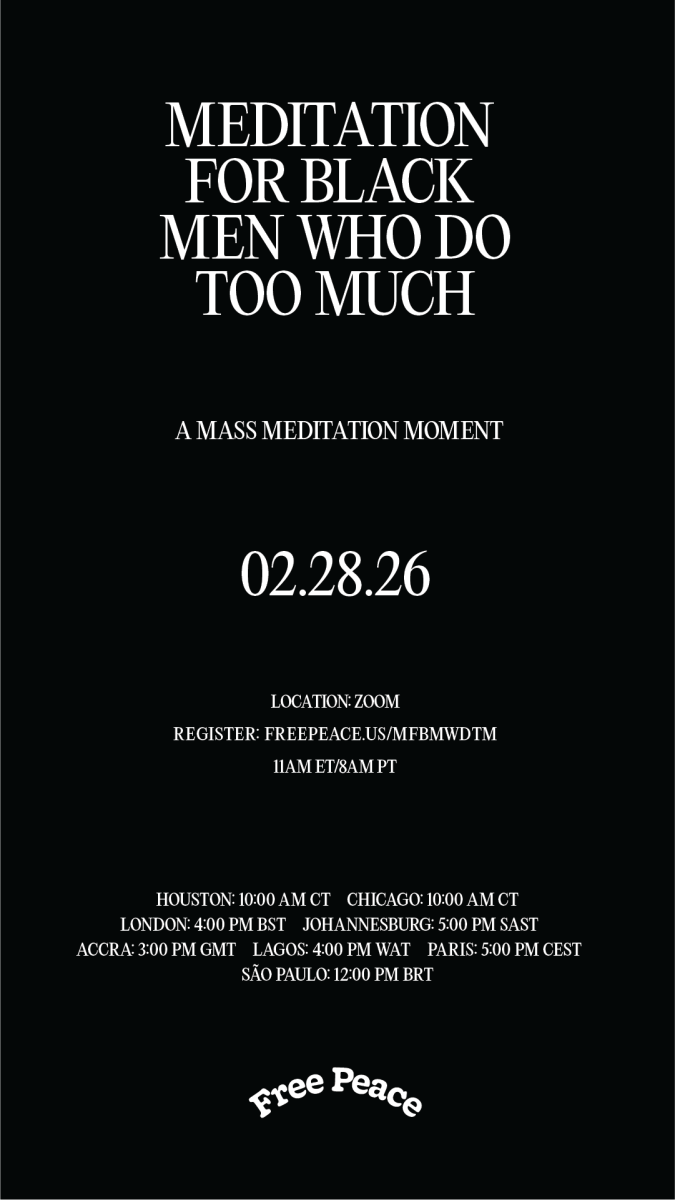 An event advertisement for 'Meditation for Black Men Who Do Too Much', scheduled for February 28, 2026, on Zoom. Includes registration link and time zones for various cities.